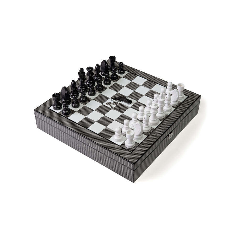 LUXURY CARBON FIBER CHESS SET WITH INSIDE COMPARTMENTS - Out of the Box NY Gifts